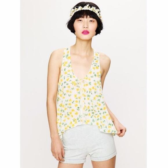 Free People Yellow and Green Floral Crocheted Lace Tank Size Medium - Picture 1 of 10